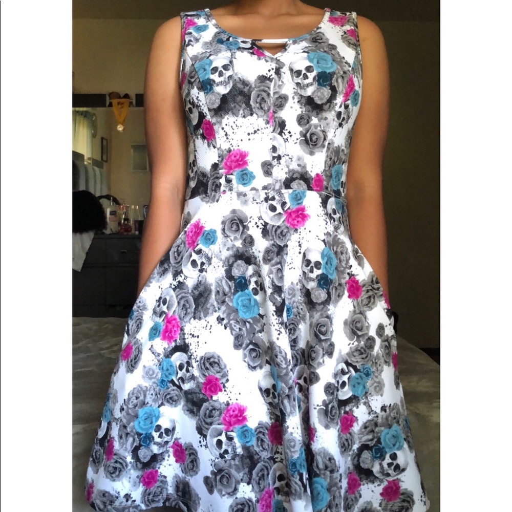 White Skulls and Roses Skater Dress